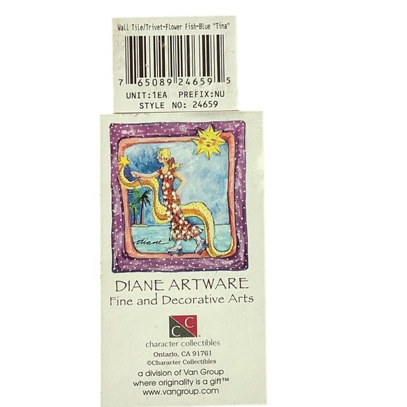 Vtg Diane Artware Decor Wall Ceramic Tile Whimsical Fish Flowers 6"x6" Signed - Picture 4 of 7